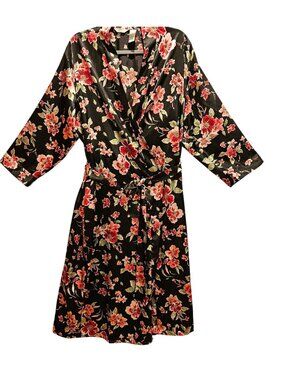 Addona Satin Robe Women XL Floral Black pink red Satin tie sexy hibiscus leisure